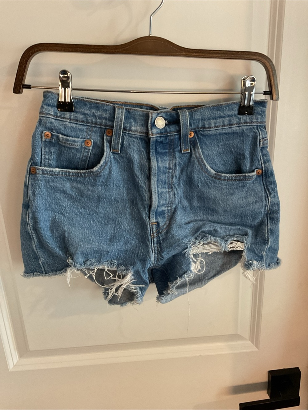 Levi’s 501 - Button Fly Raw Hem Classic Blue Denim Distressed Women's Shorts